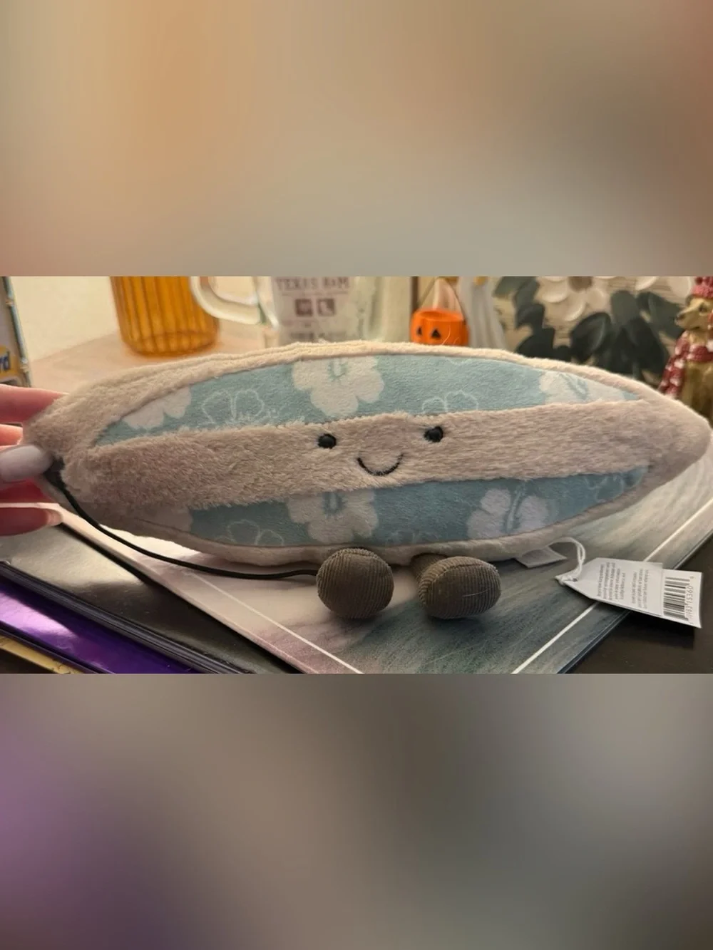 Jellycat Plush Smiling surfboard - Light Blue and Cream, authenticity guaranteed